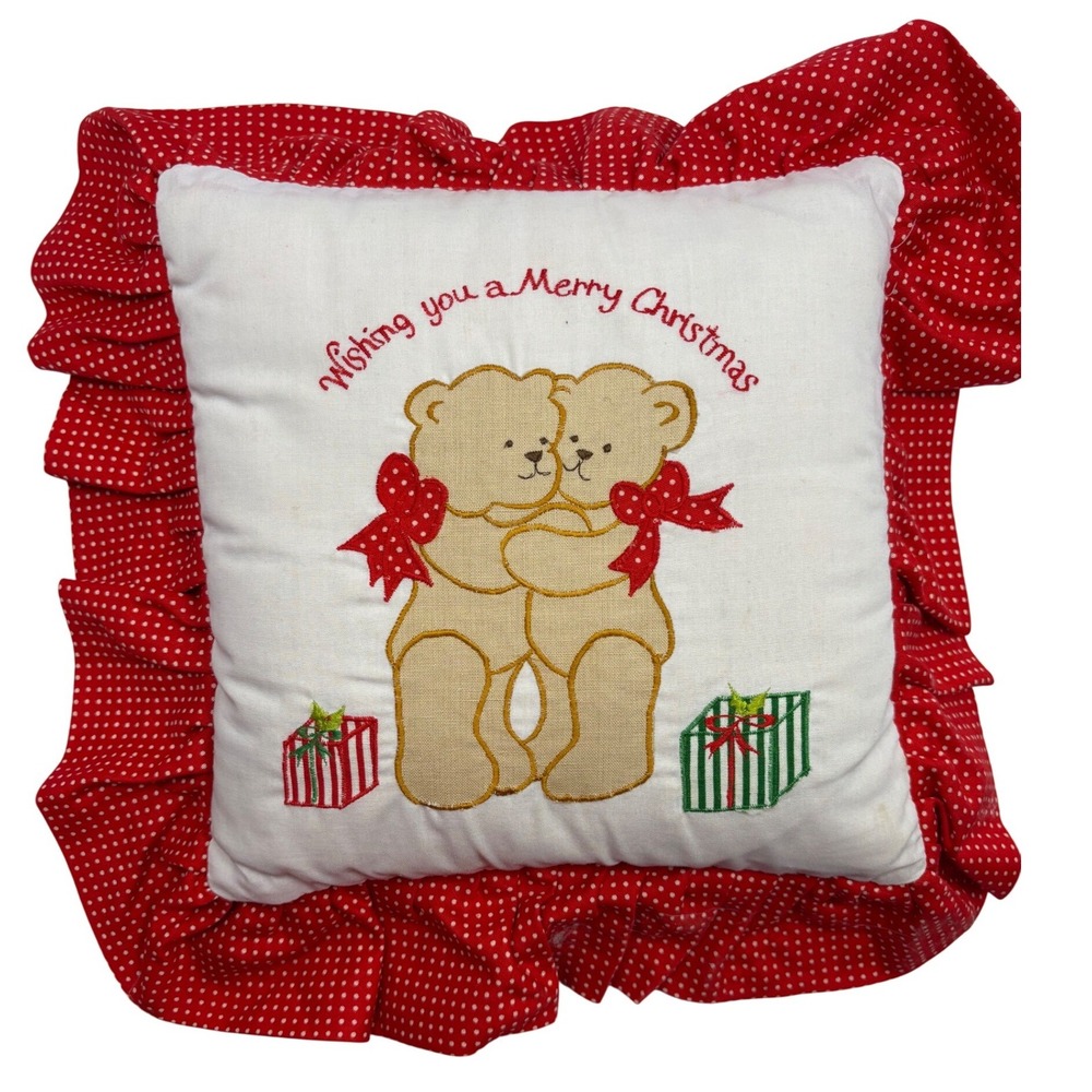 Vintage 1979 Enesco Lucy & Me Christmas Teddy Bear Ruffle Pillow Polka Dot Red